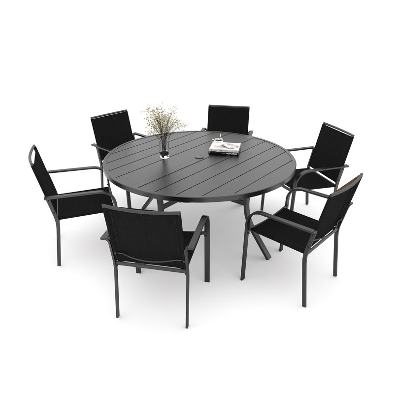 6 - Person Patio Dining Set With Round Table, Black/Black