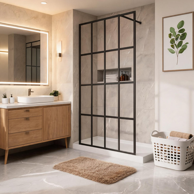 Porte de douche à cadre en aluminium noir de 86 cm x 183 cm avec 4 panneaux en verre trempé pour douche à l'italienne