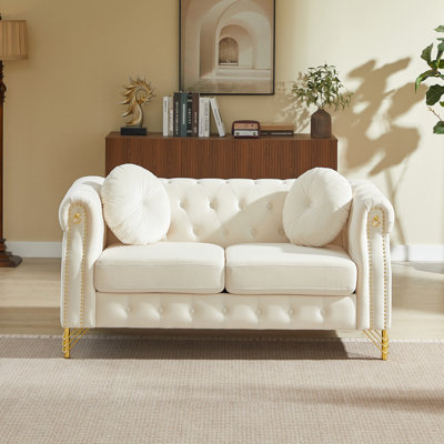 60.5-Inch Velvet Chesterfield Sofa With Round Pillows, Tufted Buttons, Stud Detailing, Metal Legs & Decor Hanging Loops