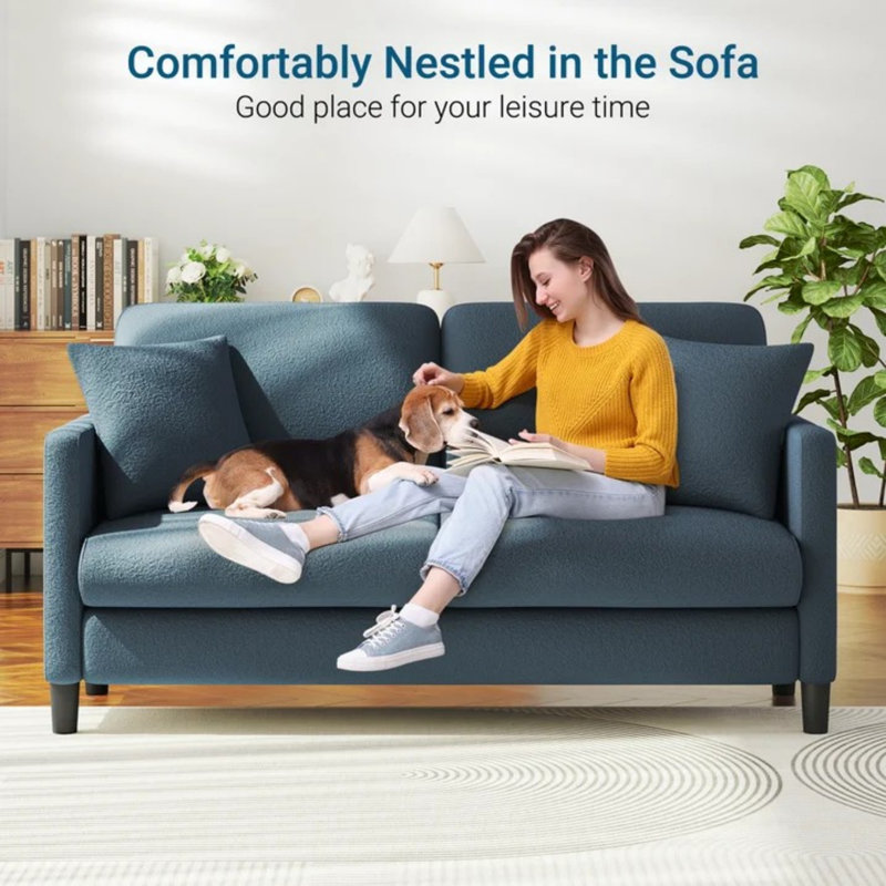 Modern 148cm Teddy 2-Seater Sofa with Square Armrests and Two Throw Pillows, Blue/Grey