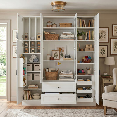 53.2''Lx17.7''W Modern Large Kitchen Pantry Cabinet with 6 Doors, MDF Storage Cabinet Cupboard with Drawers, Adjustable Shelves, Pull-out Trays and Wine Rack for Dining Room, Living Room