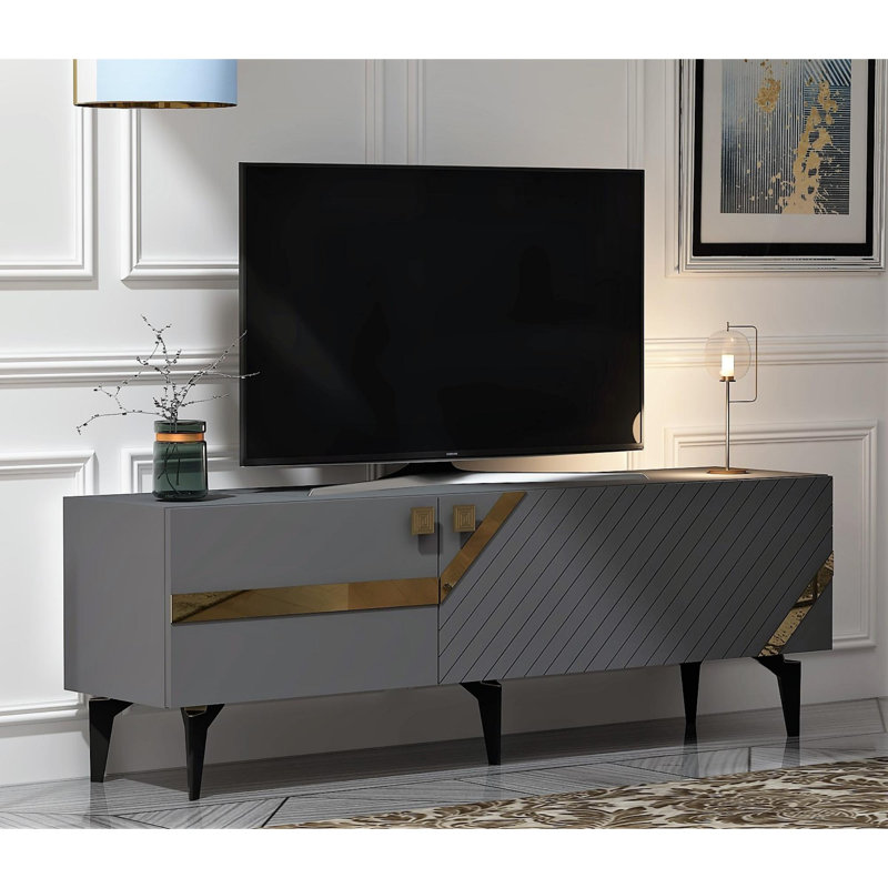 Meuble télé élégant, anthracite et or, 59,1 po x 19,3 po x 11,8 po | 100% panneau de particules enduit de mélamine, épaisseur: 0,7 pouce | Conception moderne pour le salon, solution de rangement durable et élégante