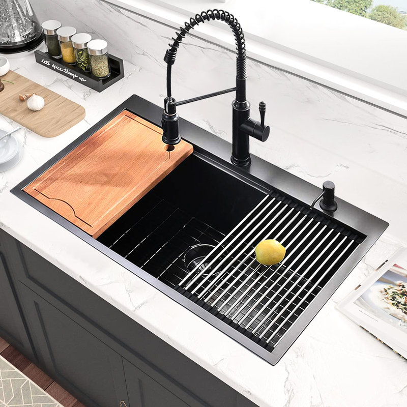 Évier de lavabo en acier inoxydable de 33 pouces avec rebord - Économie d'espace et économie de taches, Noir