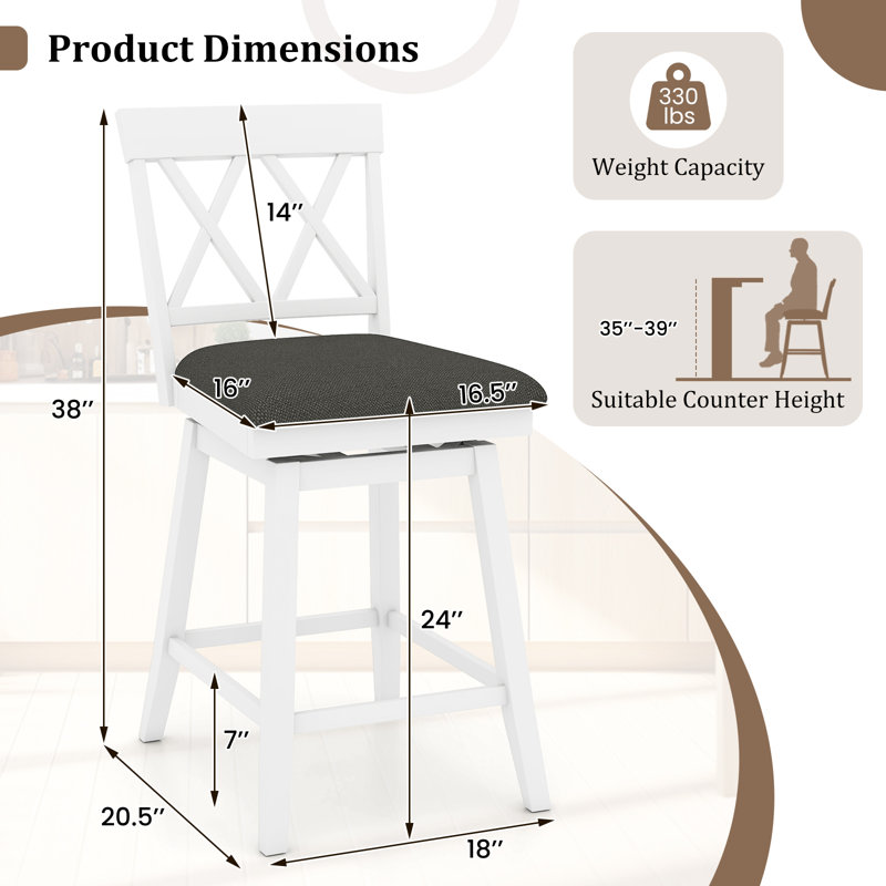 Tabouret de bar 30 po en bois avec dossier rembourré et siège rembourré pour la cuisine, Gris, 3, 24"