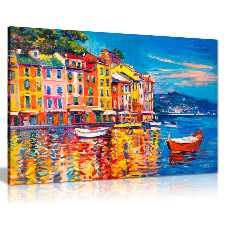 Colourful Boats Sea Harbour - Wrapped Canvas Painting, 76cm H x 51cm W