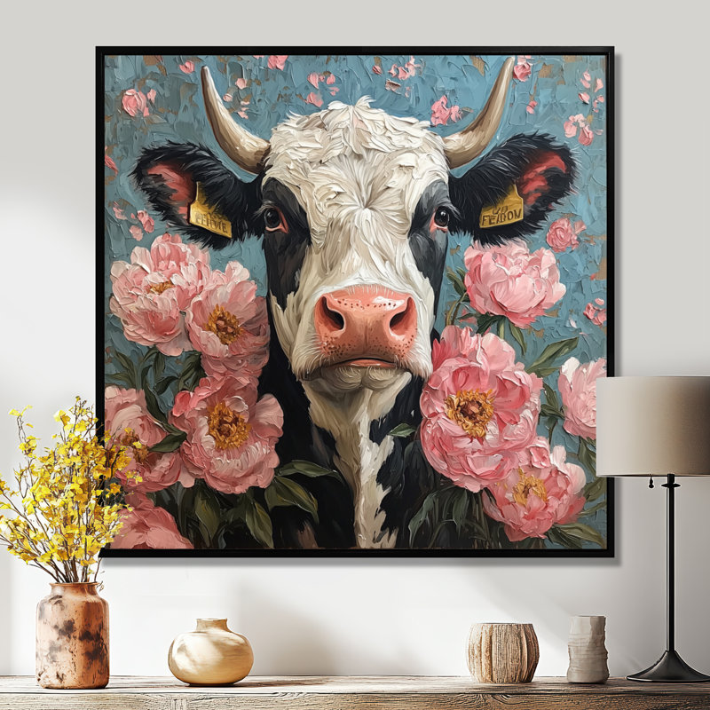 Vache, peinture avec pivoines II - impression sur toile encadrée, H 16 po x l 16 po, Impression encadrée flottante
