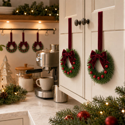 Ensemble de 12 mini-couronnes de Noël, petit ensemble de 10 couronnes - arc rouge et baies - pour les armoires de cuisine, les fenêtres et les décorations des Fêtes