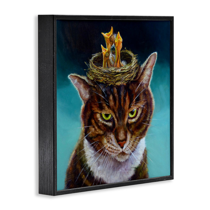 Chat avec nid d'oiseau, estampe numérique, conception de Lucia Heffernan, Giclée encadrée noir minuit, H 24 po x l 24 po
