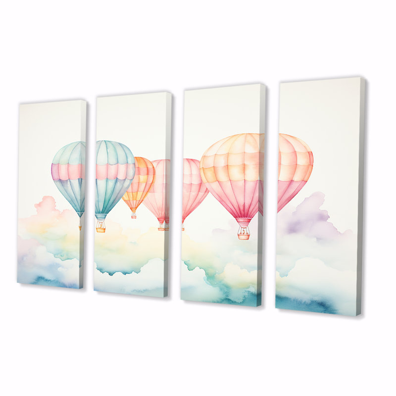 Aquarelle verte et rouge montgolfière Horizon II - montgolfière, art mural 4 pièces, H 32 po x l 64 po