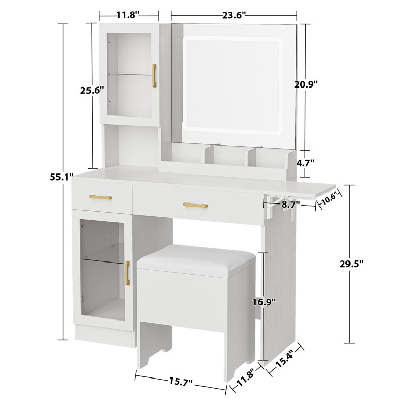 Bureau de maquillage avec lumières DEL réglables, station de charge et tabouret