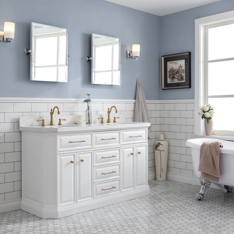 Bruning 60" Carrara Engineered Marble Countertop Bath Vanity with Mirror, Pure White, Satin Gold