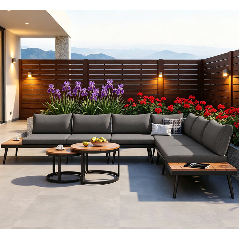  Ensemble de canapé modulaire d'extérieur 6 pièces avec tables basses gigognes rondes et canapé avec coussins pour patio, porche et jardin