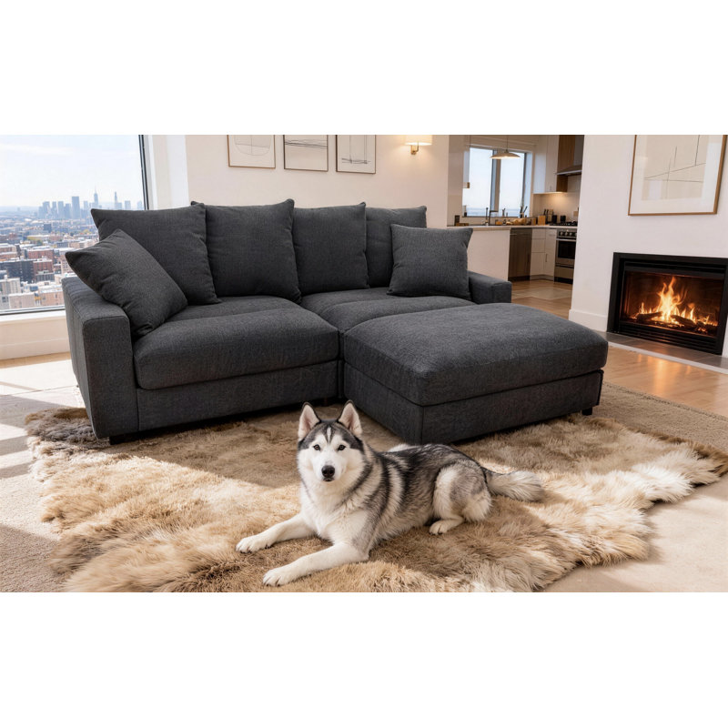 Canapé modulaire moderne en tissu à assise profonde avec repose-pieds réversible, Velours côtelé gris foncé