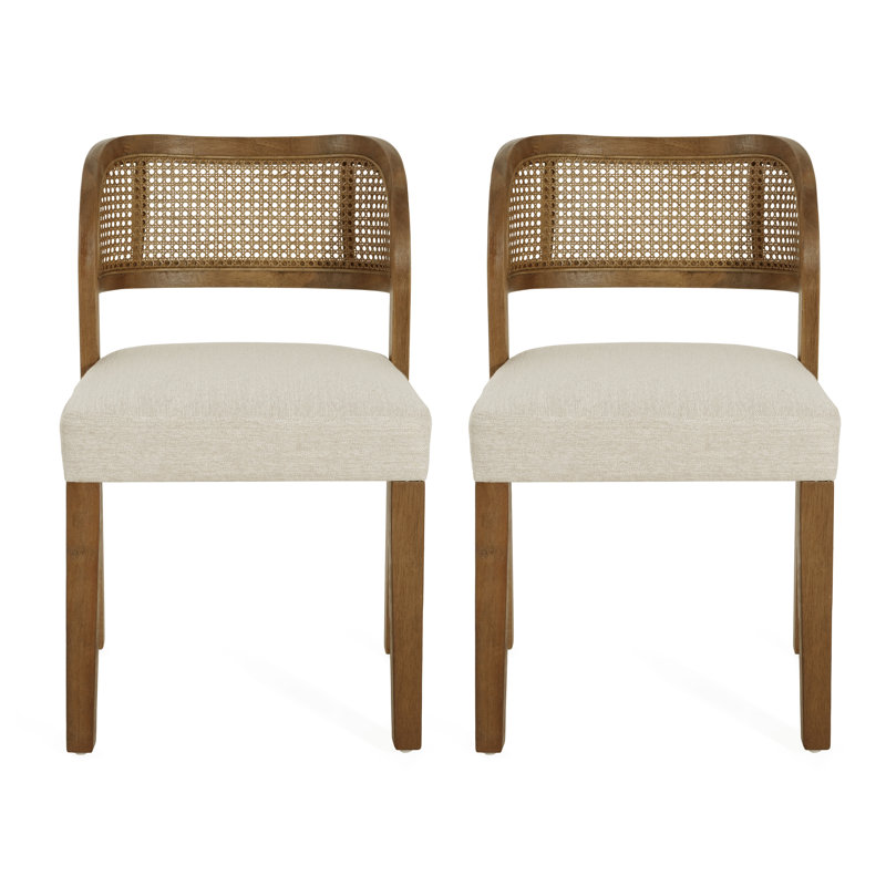 Chaises de salle à manger Barlby avec dossier en rotin tissé à la main et siège rembourré, 2, Coussin beige / finition noyer