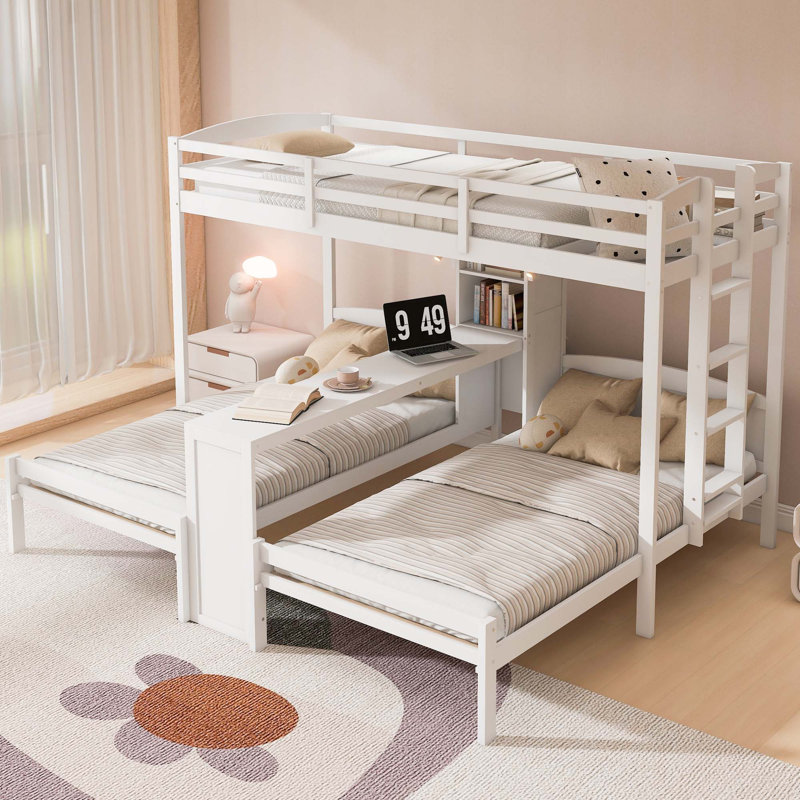 Lit superposé simple au-dessus de simple et simple avec bureau intégré et tablettes de rangement, lampe de lecture, 3 lits en 1