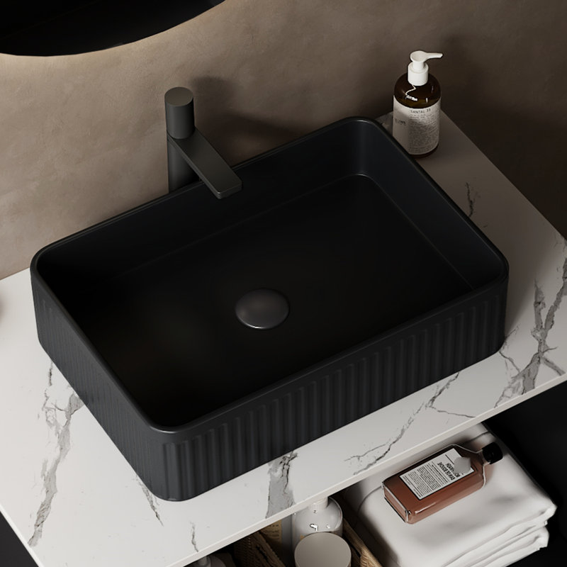 20'' Rectangular Black High - Quality Ceramic Vessel Bathroom Sink Without Faucet, Easy To Clean Surface Finish, No Water Retention Risk Striped Matte Modern Design, Accumulation