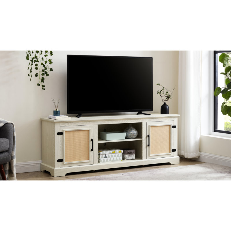 Meuble télé pour téléviseur de 70 po, blanc, l 65 po x P 15,14 po x H 24,34 po, 2 tablettes de rangement et armoires à portes 70 po