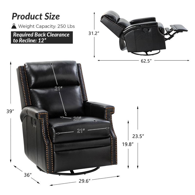 Fauteuil inclinable berçant manuel pivotant de 29,6 po Manning, Cuir véritable noir