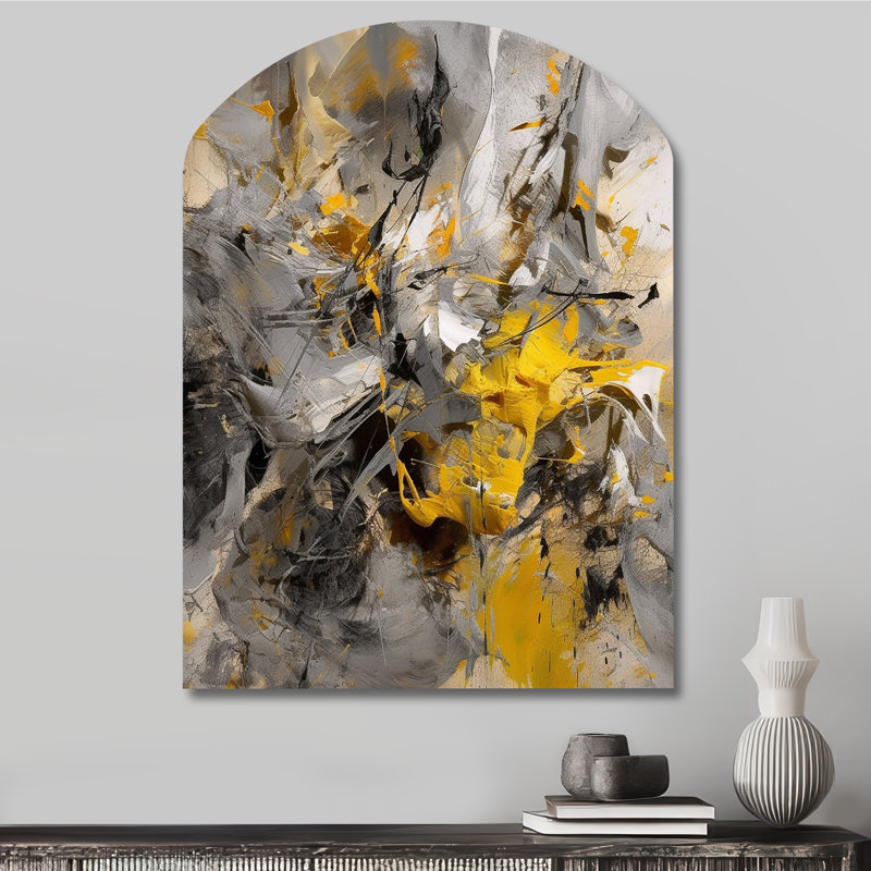 Moutarde jaune et gris vif III - art abstrait en forme d'arche abstraite, H 34 po x l 25 po