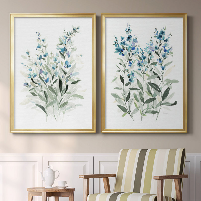 «Delicate Blue Botanical I», ensemble de 2 reproductions d'art sur toile encadrées, H 26,5 po x l 73 po x P 1,5 po, Or