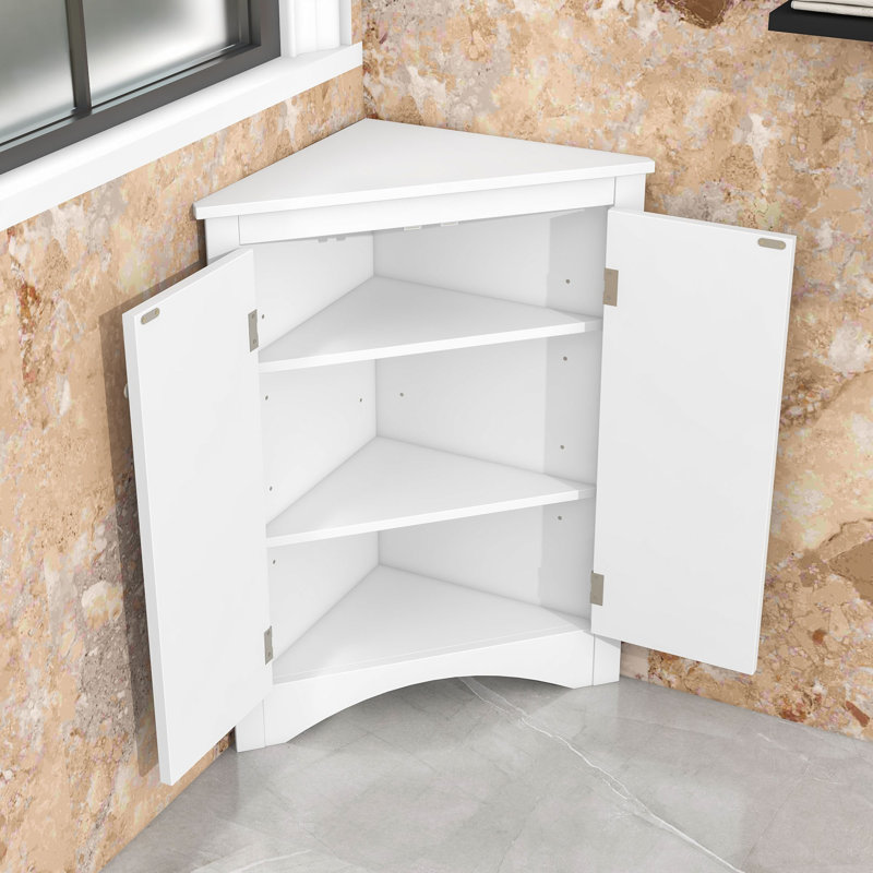 Freestanding Wooden Corner Bathroom Storage Cabinet with Door and Adjustable Shelves, White