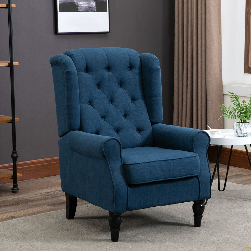 Fauteuil d'appoint capitonné à boutons avec haut dossier à oreilles, accoudoirs rembourrés arrondis et siège rembourré épais, bleu