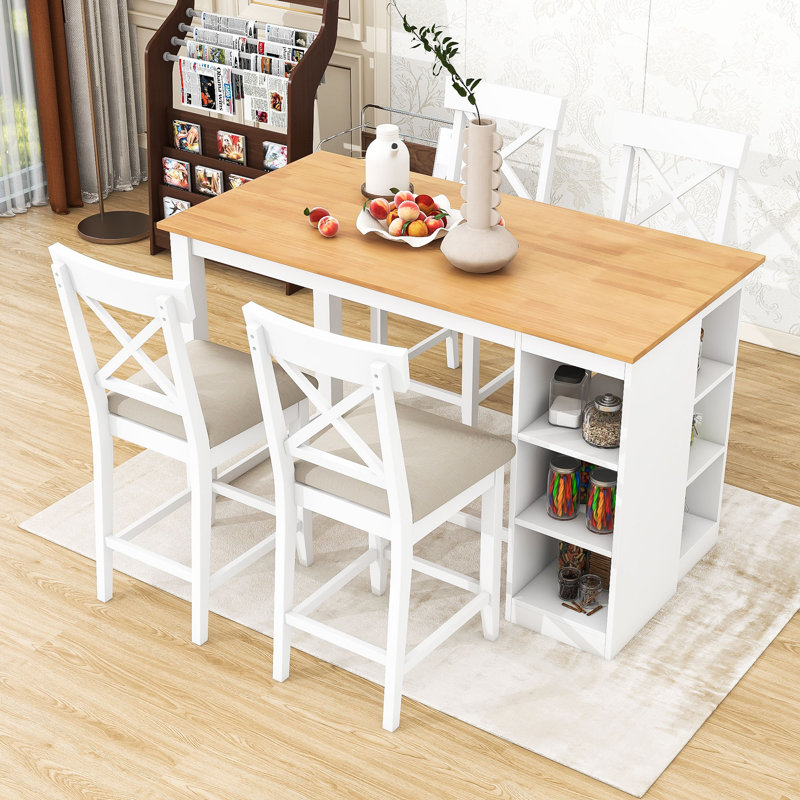 Devra 5-Piece Dining Set, Counter Height Wooden Table with 3-Tier Storage and Upholstered Chairs, Natural