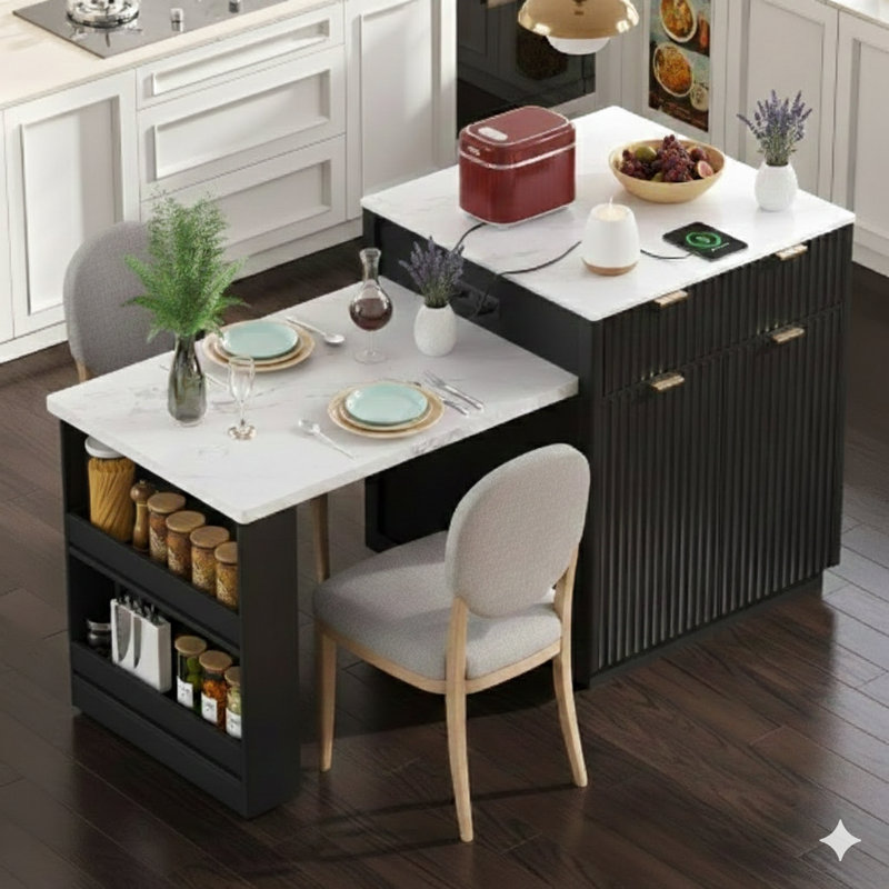 Îlot de cuisine cannelé de 82,6 pouces avec table de salle à manger extensible pour 4 à 6 personnes, prise de courant intégrée, configuration de rangement à deux côtés avec 2 tiroirs et 2 tablettes latérales ouvertes - finition noire