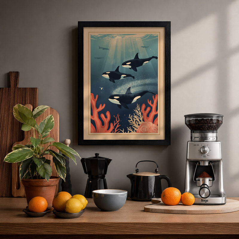 Whales in Blue Depths Coastal - Framed Print, A1 - 84.1 x 59.4 cm, Black
