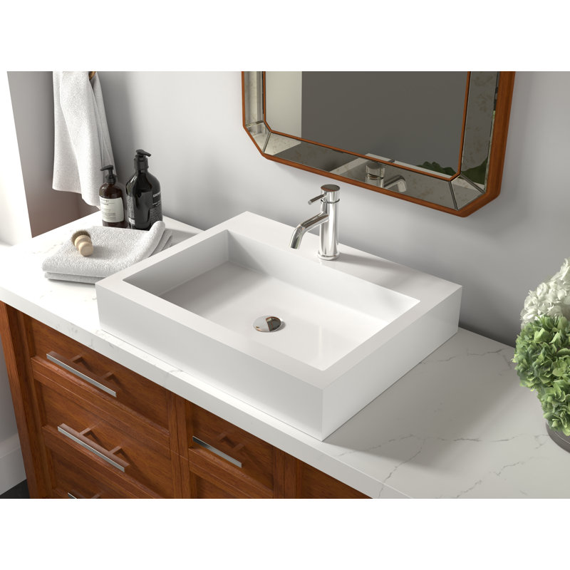 Lavabo de salle de bain vasque rectangulaire en pierre blanche lustrée 23,6 po x 18,8 po Badeloft WB-05-M-G, Blanc lustré