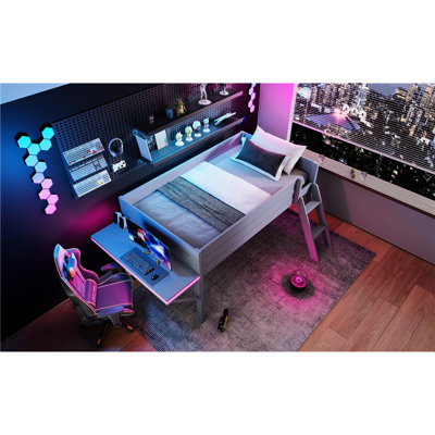 Lit de jeu avec bureau et DEL en gris - construction durable pour une taille simple offrant beaucoup de rangement