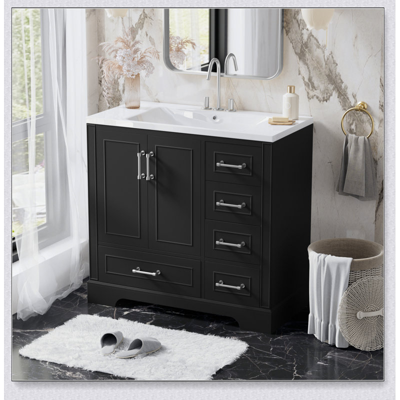 Ensemble de meuble-lavabo traditionnel 36 po avec lavabo en résine, armoire de salle de bain noire avec deux portes et quatre tiroirs