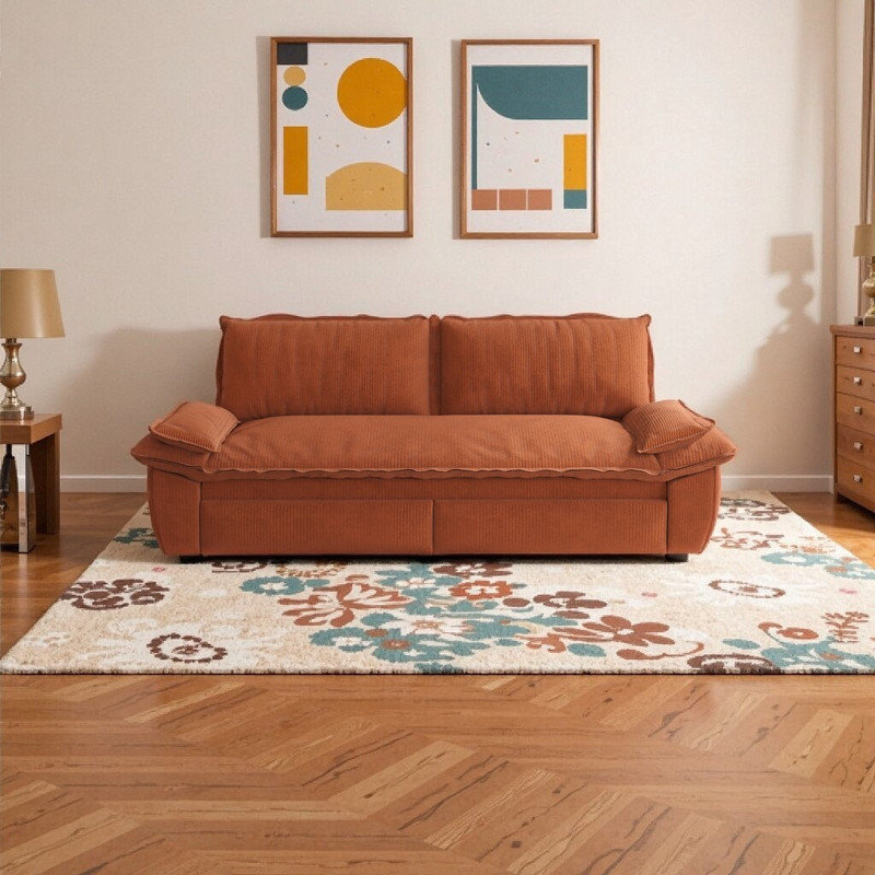Boneless 3-in-1 Convertible Sleeper Sofa Bed with Corduroy Upholstery? 73.2" Queen Pull Out Sofa Bed Loveseat, Orange