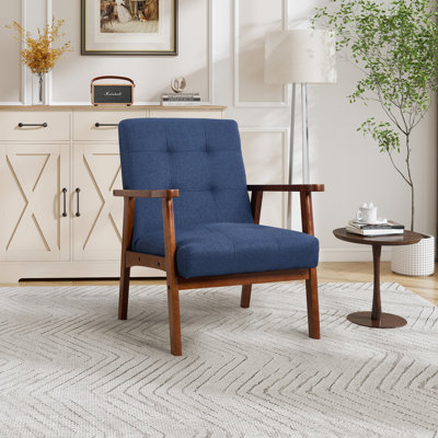 Solid Wood Accent Chair with Tufted Seat, Mid-Century Armchair with Curved Armrests, Reading Chair