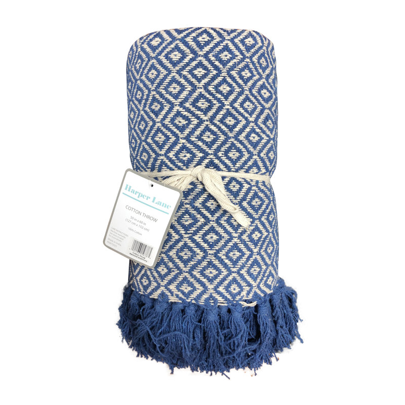 Plain Weave / Muslin Throw Blanket, Throw, Blue/Ivory Diamond
