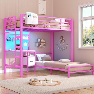 Twin Over Twin Bunk Bed With Desk And Charging Station, Metal Loft Bed, Twin Bed With Led Lights And Storage Shelves And Drawers, L-shaped Bunk Bed