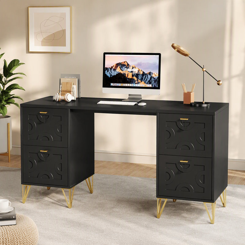 Bureau d'ordinateur 59 "avec 4 tiroirs classeurs - Bureau de direction en bois pour bureau personnel