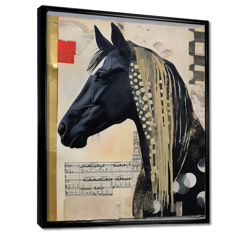 «Black Horse Portrait Retro Collage», reproduction d'art murale cheval, Toile flottante noire encadrée, H 40 po x l 30 po
