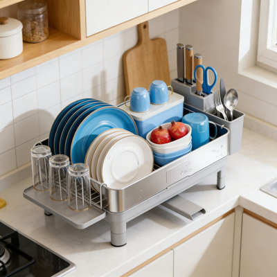 Stainless Steel Dish Rack With Drainage And Utensil Holders For Kitchen Countertops