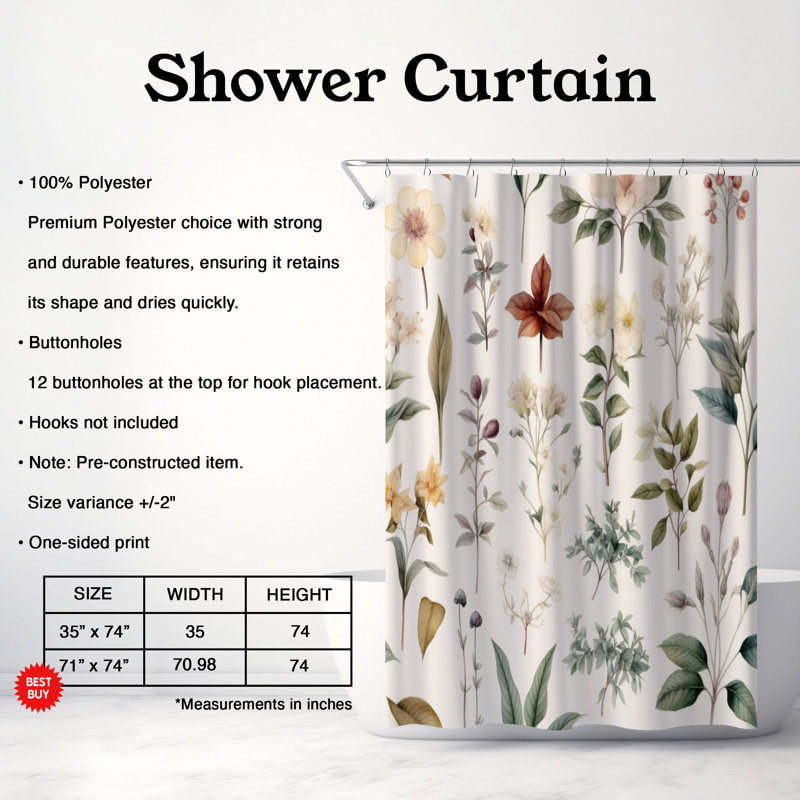 Classic Blossoms - Rideau de douche standard 1 pièce, H 74 po x l 71 po