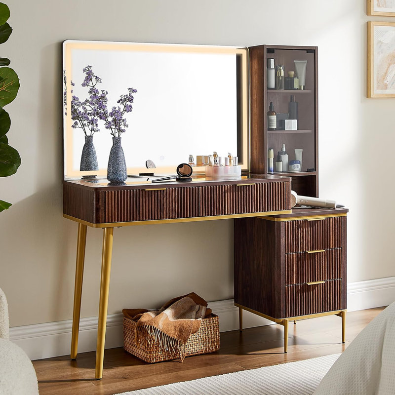 Coiffeuse Zadia 48 "avec miroir lumineux 36", 4 commodes et station de charge et 3 modes d'éclairage, Noyer foncé