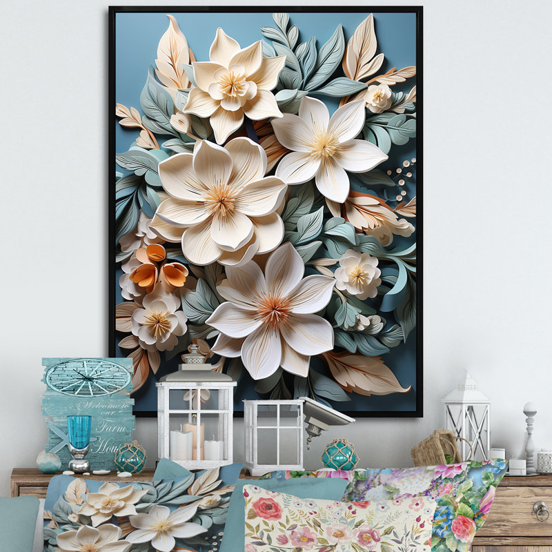 Élégant papier mâché, fleurs de plumeria, Cadre flottant noir, H 32 po x l 24 po x P 1 po