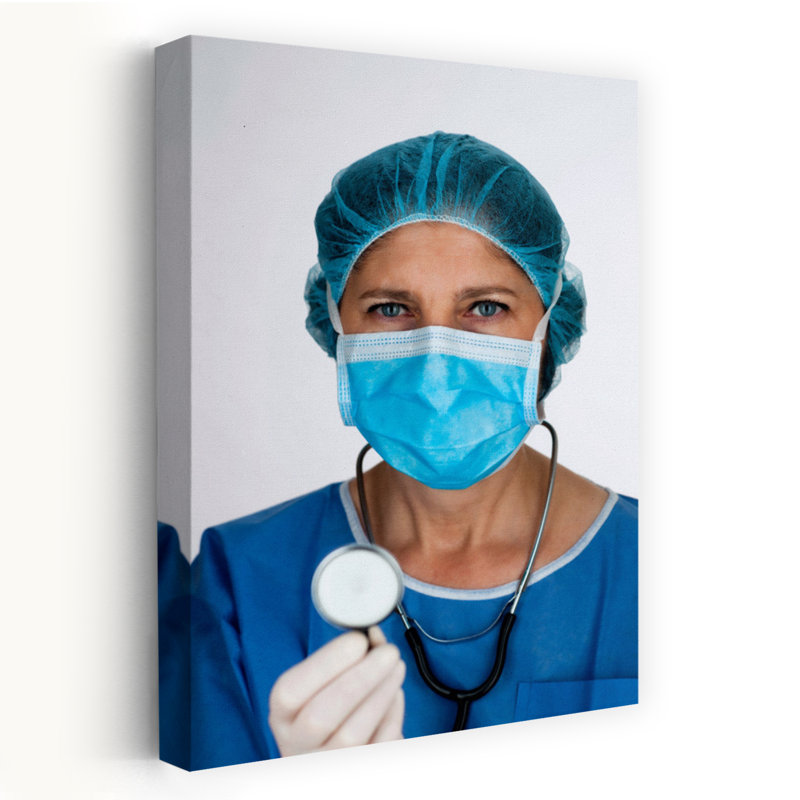Hôpital, infirmière avec masque et stéthoscope, portrait moderne, art mural, H 24 po x l 16 po