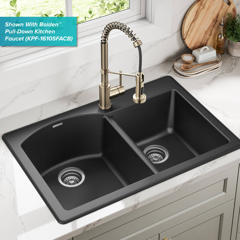 KRAUS Forteza™ 33" L Dual Mount 60/40 Double Bowl Granite Kitchen Sink, Black