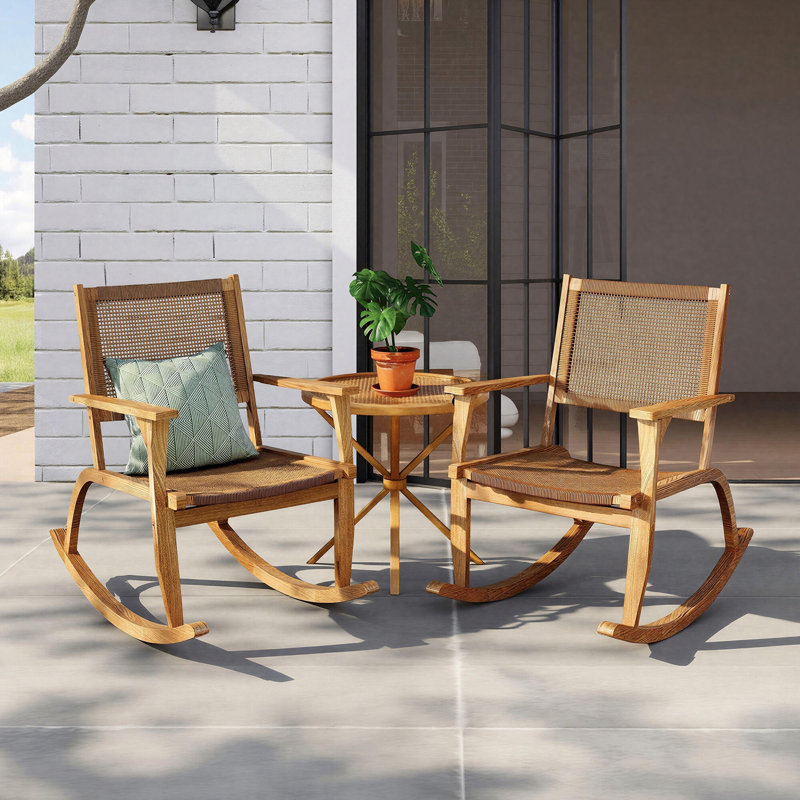 Outdoor Rocking Chair Set with Wicker Seat, Natural