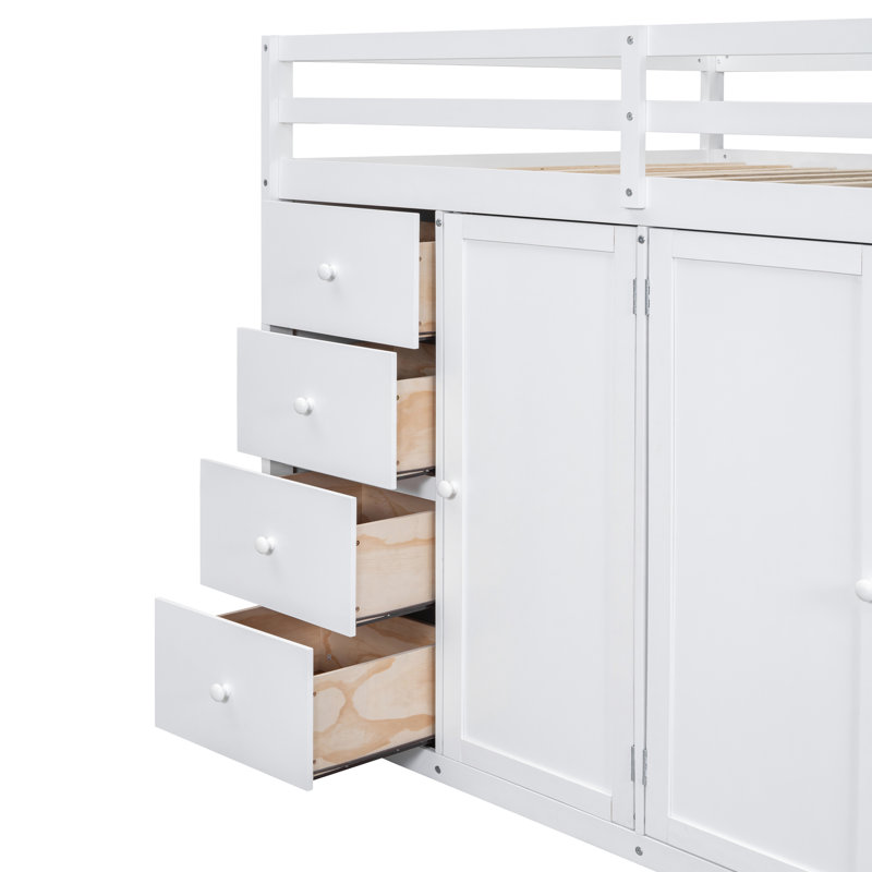Modern White Loft Bed With Integrated Cabinets And Drawers - Save Space In Your Bedroom Solid Wood Functional Wardrobes Elegant Addition