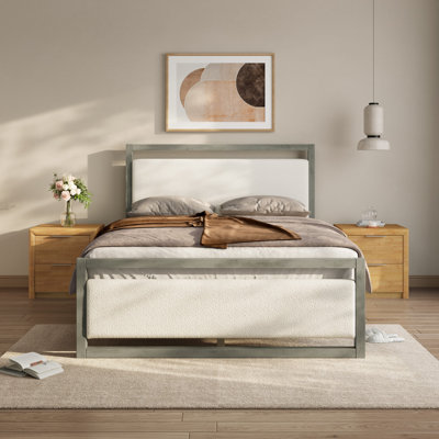 Modern Upholstered Queen Platform Bed with White Boucle Headboard and Gray Wood Frame by Latitude Run