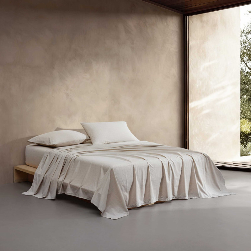 Calvin Klein Washed Cotton Percale Sheet Set, Queen Sheet Set with 2 Pillowcases, Cream