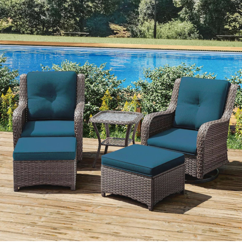 Ensemble de mobilier de patio en osier 5 pièces avec 2 chaises berçantes pivotantes, 2 repose-pieds et 1 table d'appoint