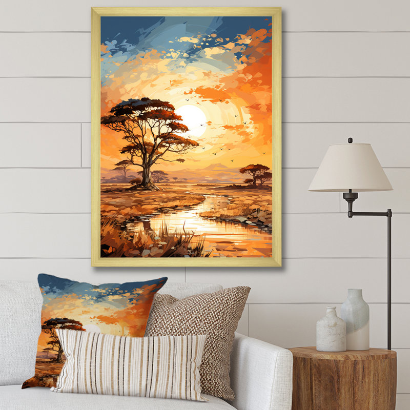 «African Sunset Essence Savanna Harmony III», art mural arbre africain, Cadre doré simple, H 20 po x l 12 po x P 1 po